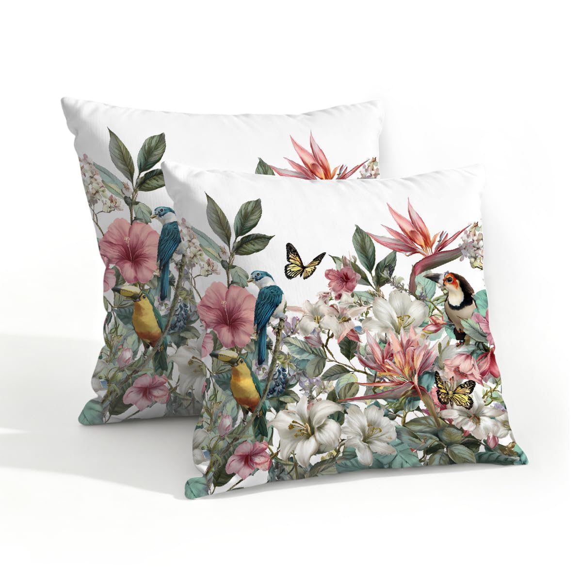 Outdoor Pillow Covers Waterproof Pillowcases 18x18in Set of 2 Tropical Botanical Floral Birds Decorative Throw Cushion Case for Couch Sofa Garden Patio Furniture