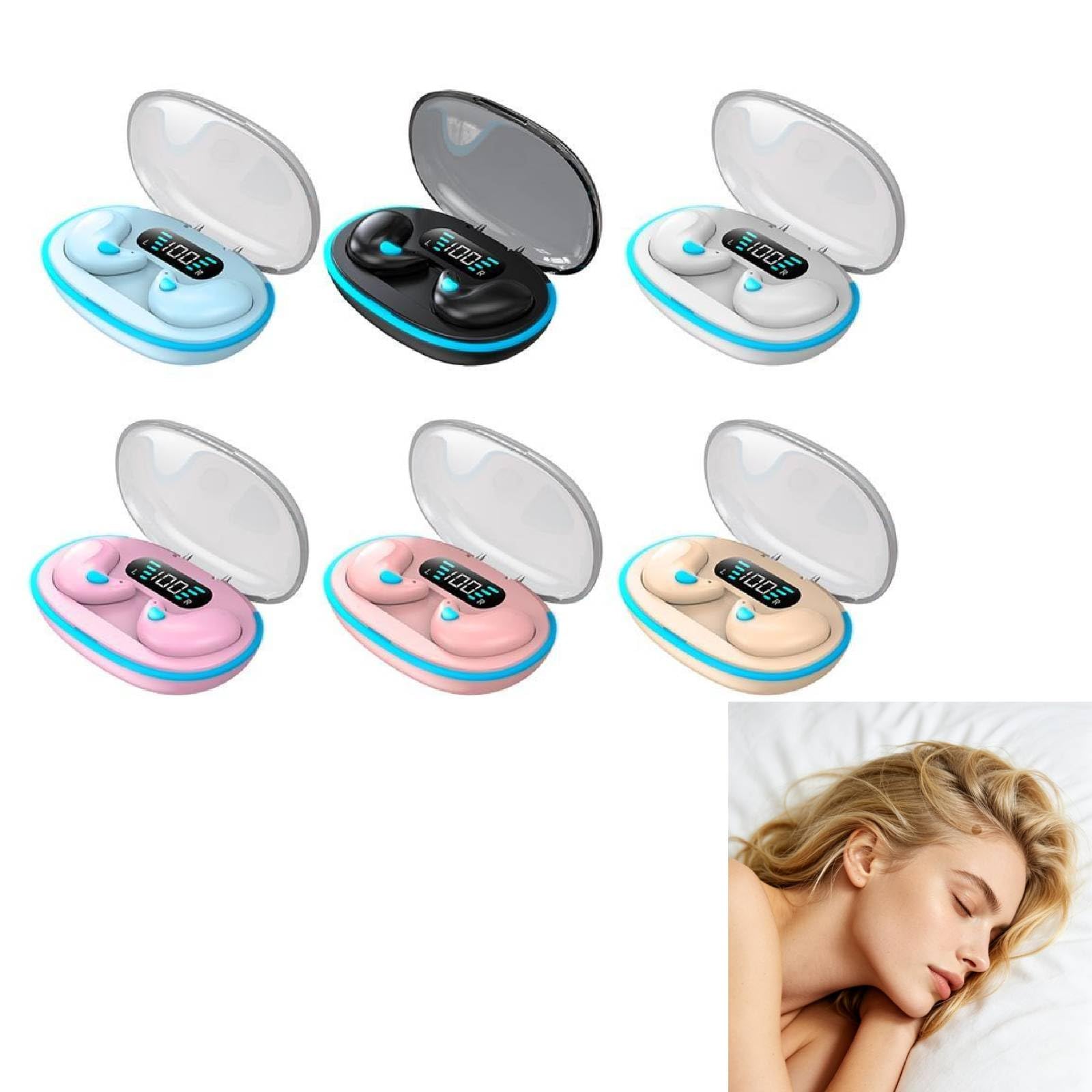 Écouteurs Bluetooth invisibles sans fil, ultra petits, antibruit, pour dormir sur le côté, lecture 24 heures avec affichage LED (noir)