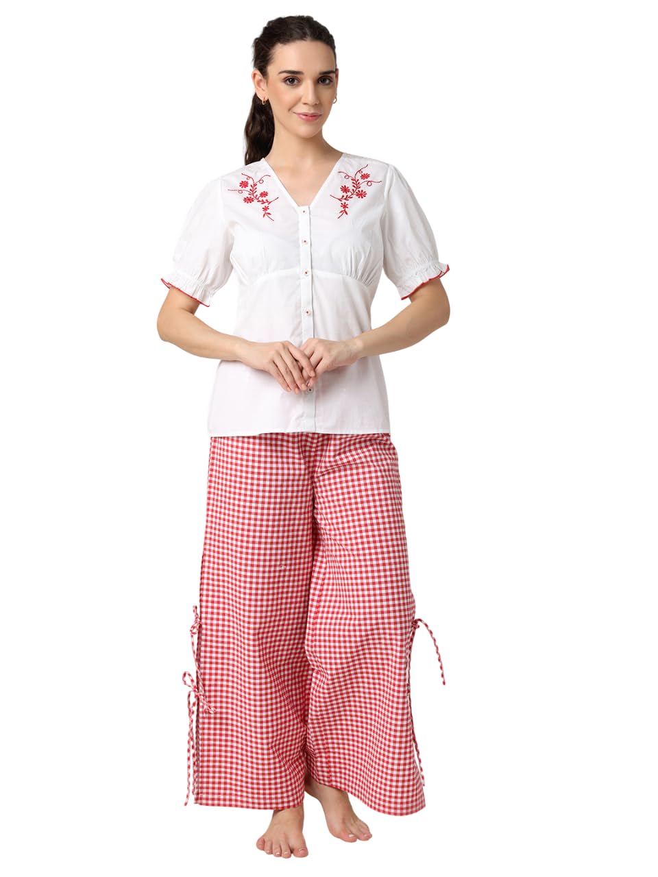 blanc 9 Stylish Womens Cotton Loose Fit Embroidered Half Sleeves V-Neck Nightsuit | Top & Pant Set | Lightweight & Comfortable Fabric-picture-10