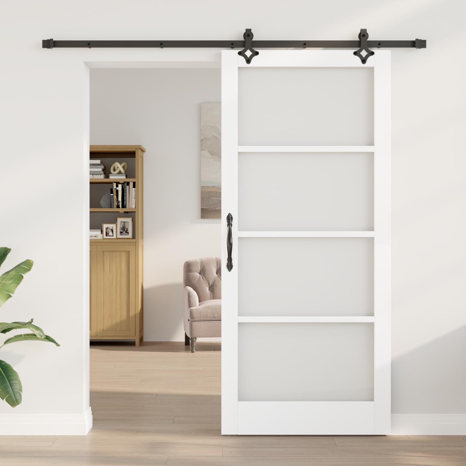 Puerta corrediza blanca, madera pino y metal, moderna y elegante. Ideal para salas y comedores. Sistema deslizante manual, fácil instalación, incluye herrajes. Solo interior, máxima durabilidad y esti