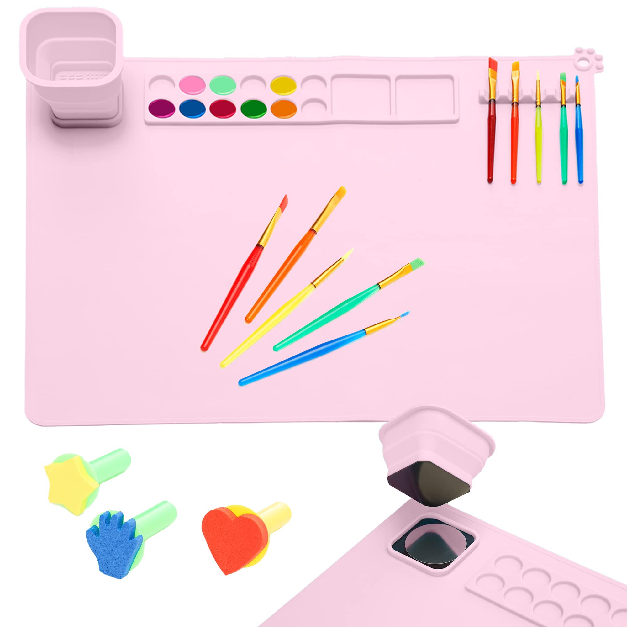 9 Pieces Silicone Art Mat with Cup Detachable & Collapsible, 21 x 17 inches Silicone Art Mat with Cup, with 5 Paint Brush & 3 Painting Sponge, Silicone Craft Mat. Pink.