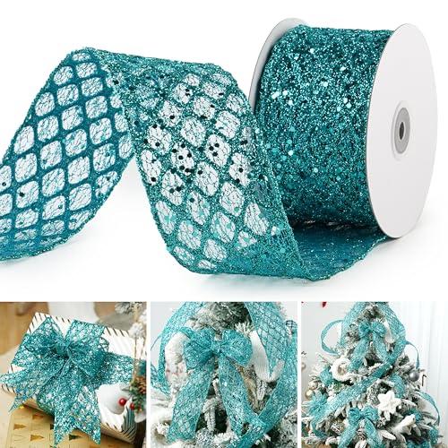 MAYREEL Teal Blue Mesh Wired Ribbon 2.5 Inch...