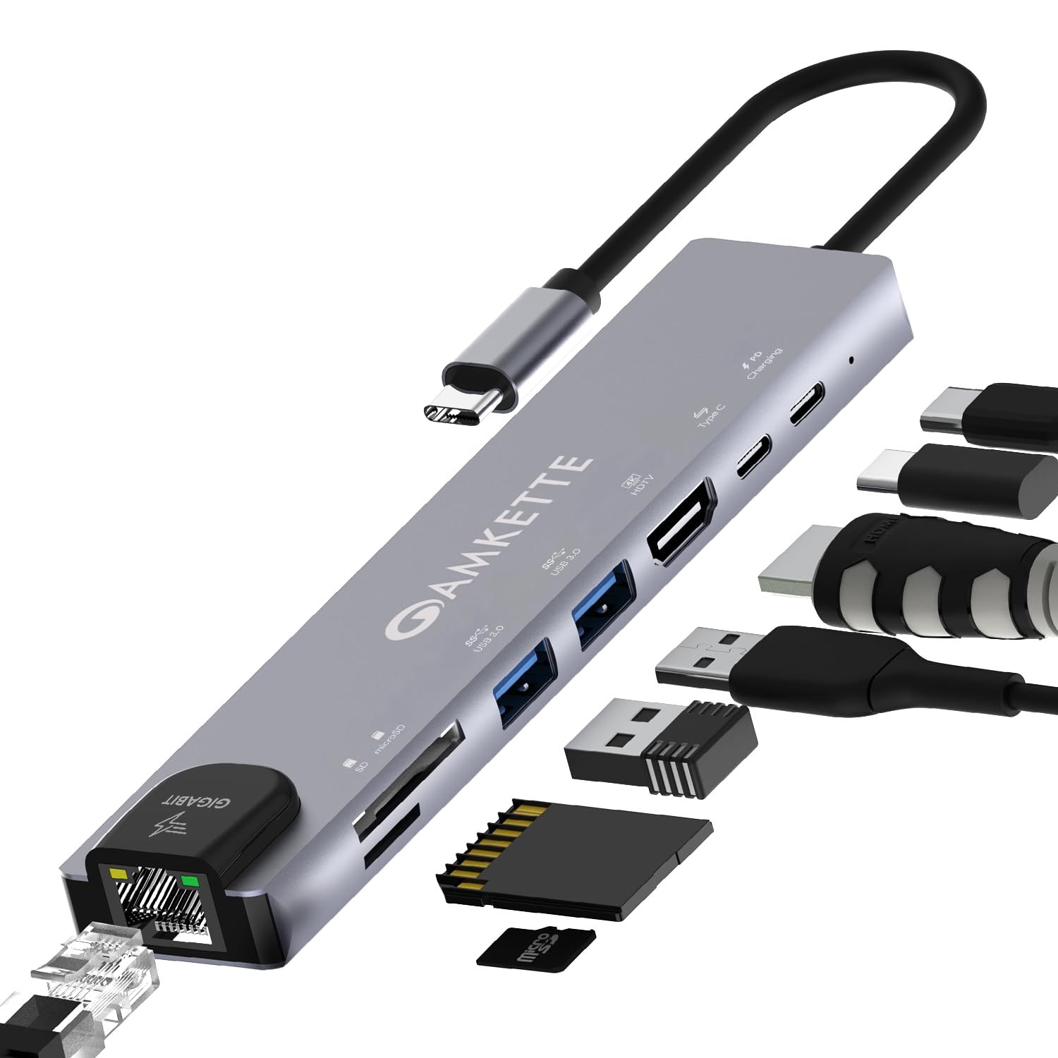 Amkette 8-in-1 Pro 1Gbps Docking Station for Laptop,Type C hub with 100W Power Delivery&USB C Data Transfer, 4K HDMI,USB 3.0,1Gbps Ethernet,SD/TF Card Reader,for All Type C Devices-MacBook&Laptops