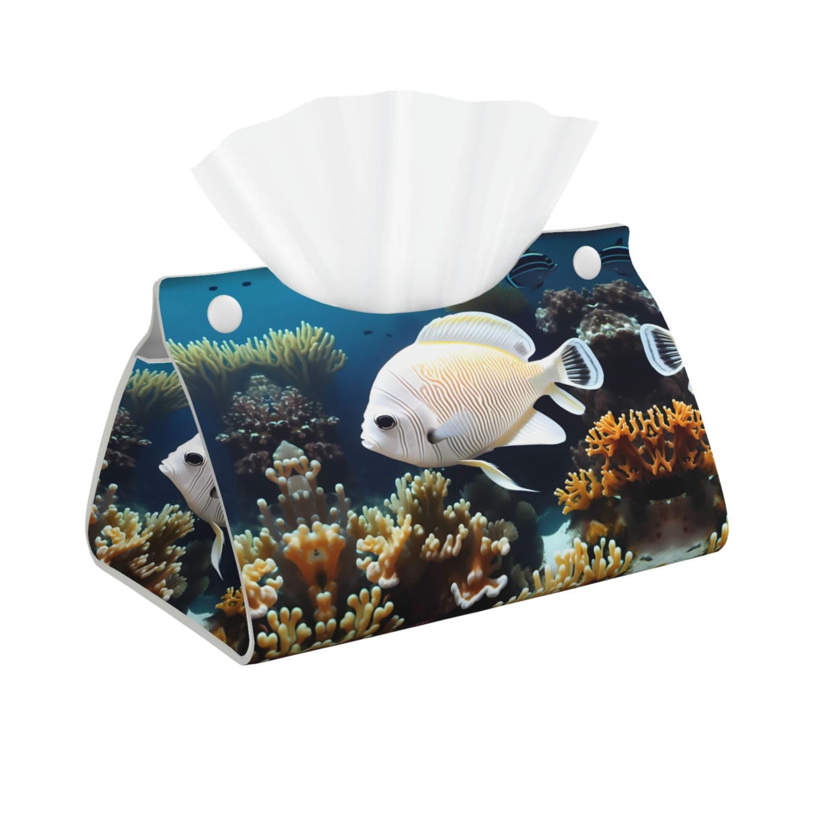 White-Golden Fish Print Long Tissue Box Cover Holder Foldable Leather Organizer for Vanity, Nightstand, Desk & Bathroom