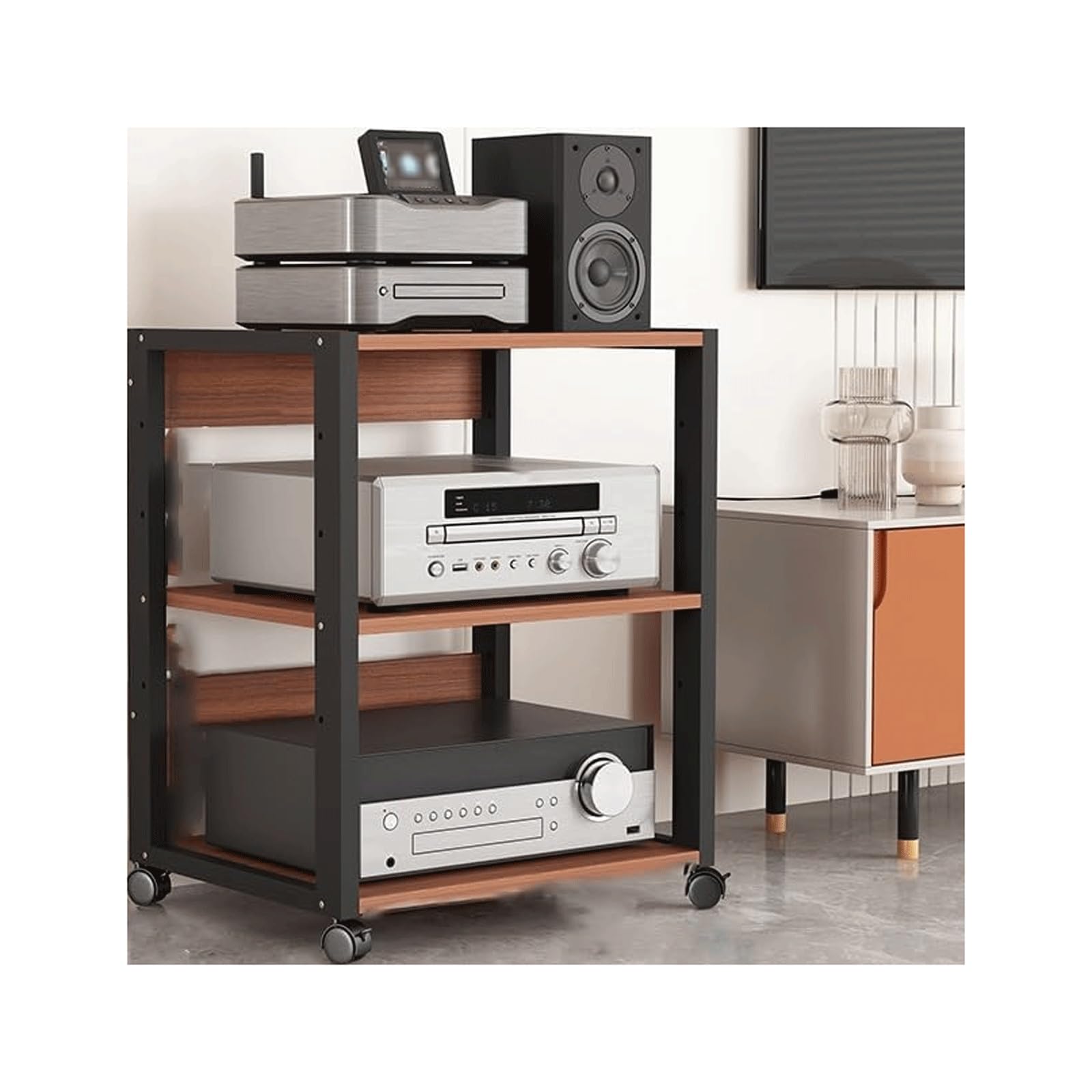 Mobilny stojak HiFi z kółkami, regulowana wieża audio, 3-poziomowy drewniany stojak stereo, półka na nośniki AV, na gramofon i telewizor, nowoczesny design, do domowego systemu rozrywki