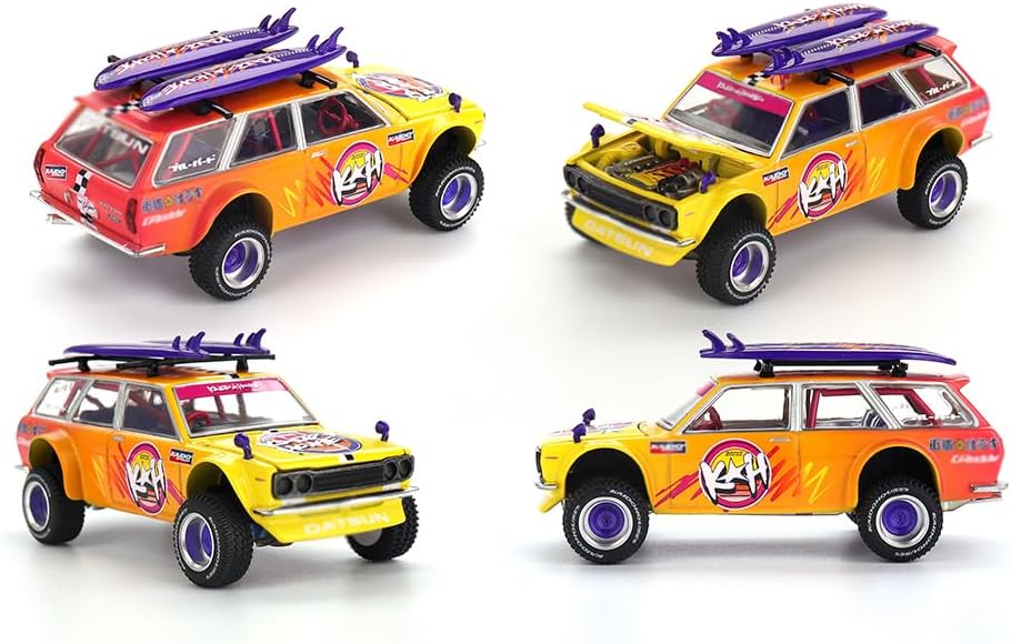 MINI GT Kaido 510 Wagon 4x4 RHD (Right Hand Drive) Kaido Islands V1 Yellow to Red Gradient with Surfboards (Designed by Jun Imai) Kaido House Special 1/64 Diecast Model Car KHMG210