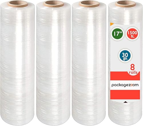 PackageZoom 8 rollos de película elástica preestirada de 17 pulgadas x 1500 pies, plástico transparente para mudanza y embalaje, envoltura elástica