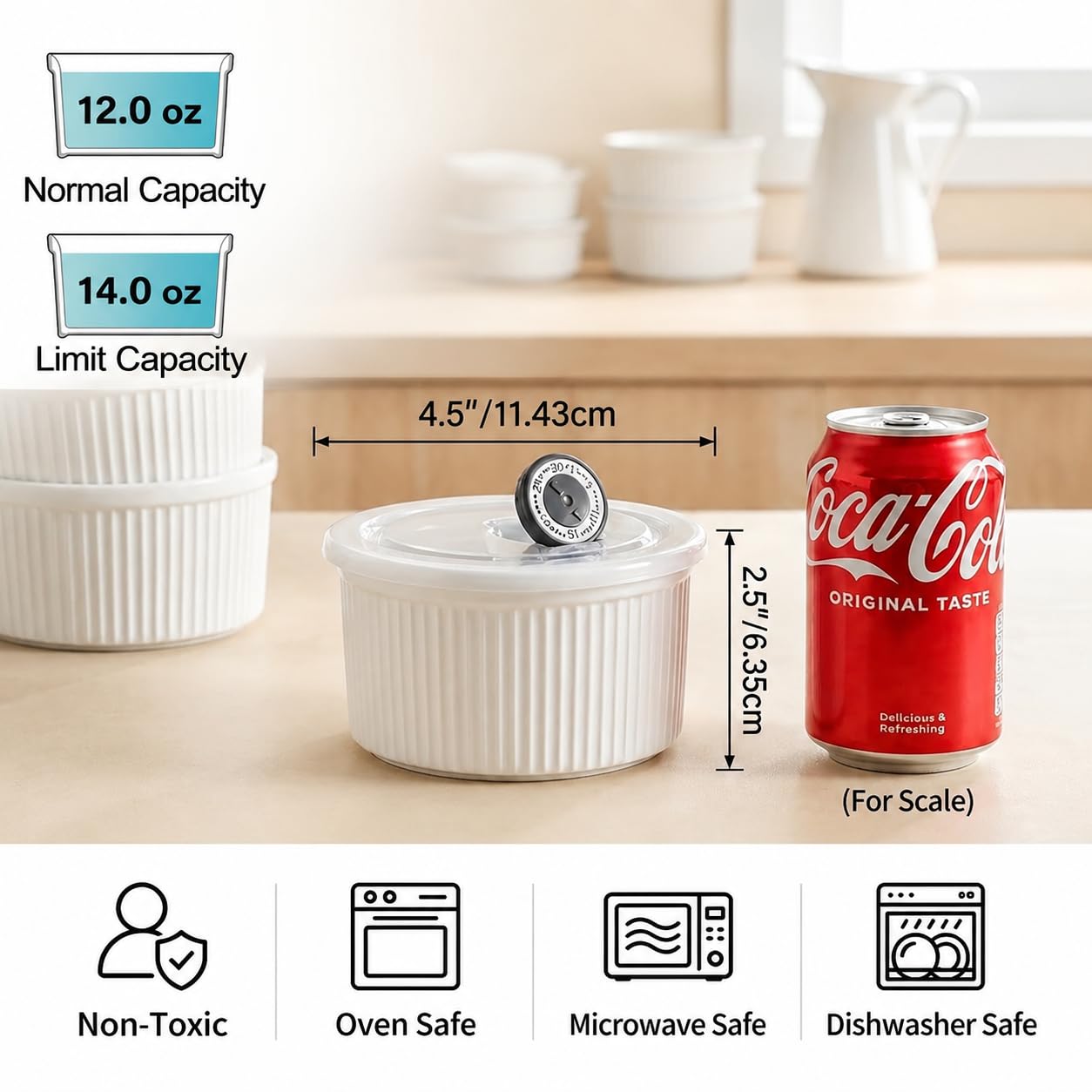 Pirottini con coperchio, adatti al forno, 400 ml, per crème brûlée con coperchio, piccoli pirottini in porcellana per cottura, souffle, salse, dessert, set di 4, bianco (11,4 cm)