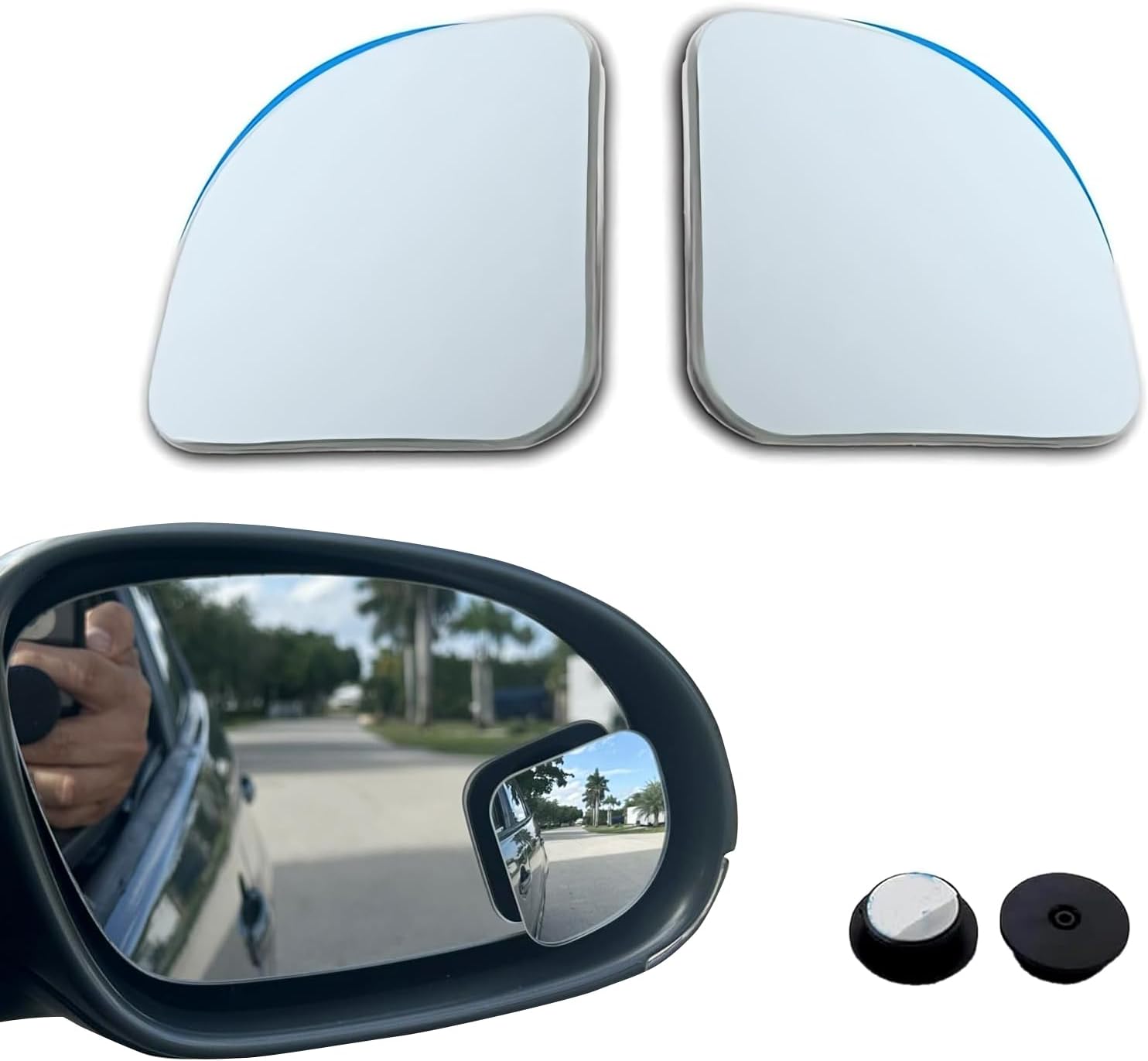 2PCS Car Blind Spot Mirrors, Fan HD Glass Frameless Convex Rear View Blindspot Mirror, 360° Adjustable Rotating Wide Angle Side Mirror, with wide angle Stick, for Car, Van, Suv and Truck