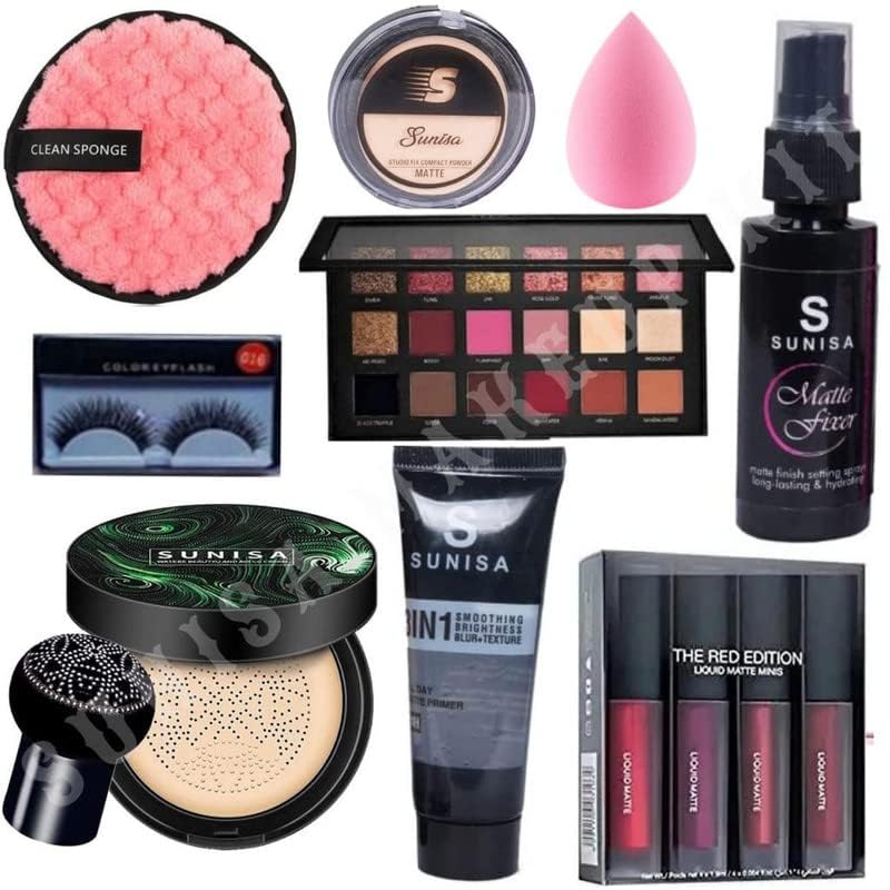 SHISHI All In One Makeup Kit Includes 4 Matte Lipstick Set, Compact Powder, Sponge, 1 Makeup Remover Pad, 18 Eyeshadow Kit, Makeup Fixer, Eye Lashes, Foundation and Makeup Primer (Multicolor)Set of 9