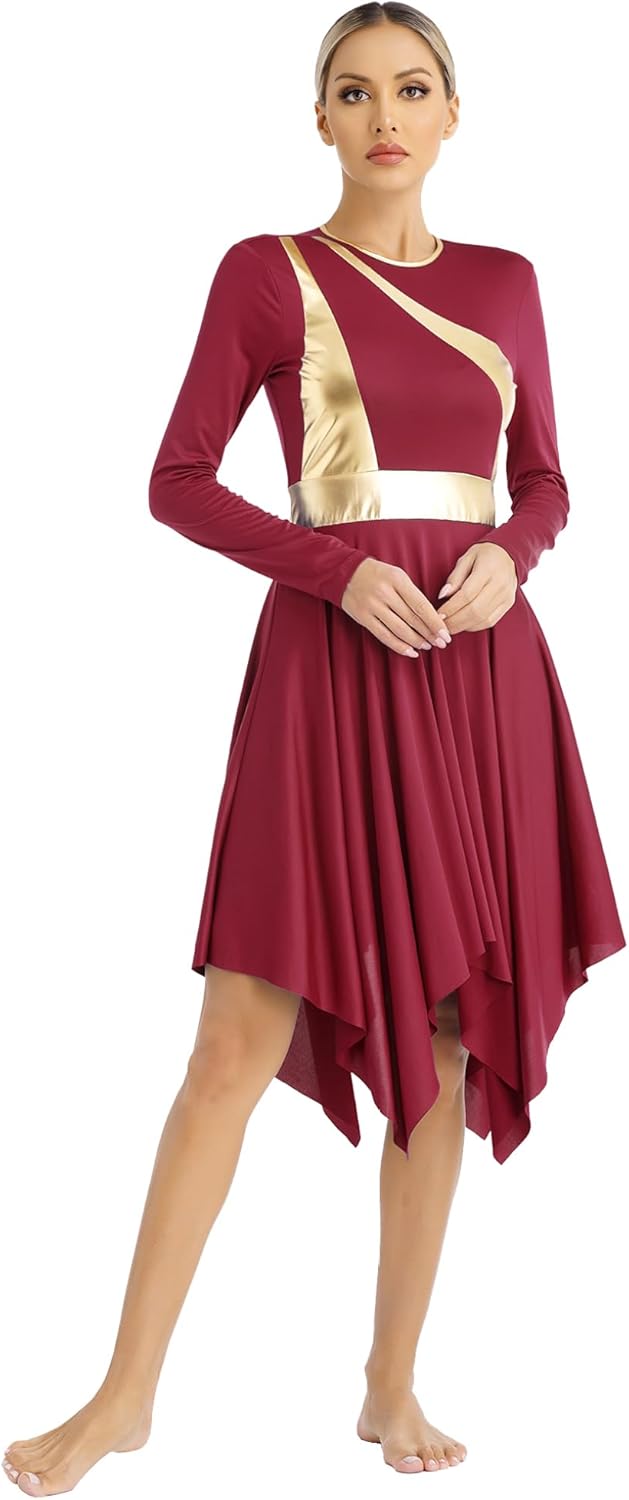 Oyolan Femme Robe Danse Lyrique Manches Longues Robe Danse Liturgique Tenue Danse Contemporaine Moderne Costume Spectacle S-XXL A Blanc S