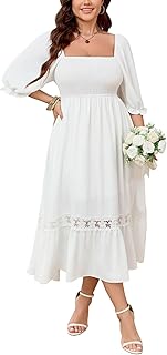 Women's Plus Size Maxi Dress Short Sleeve Square Neck Smocked Flowy A-Li...