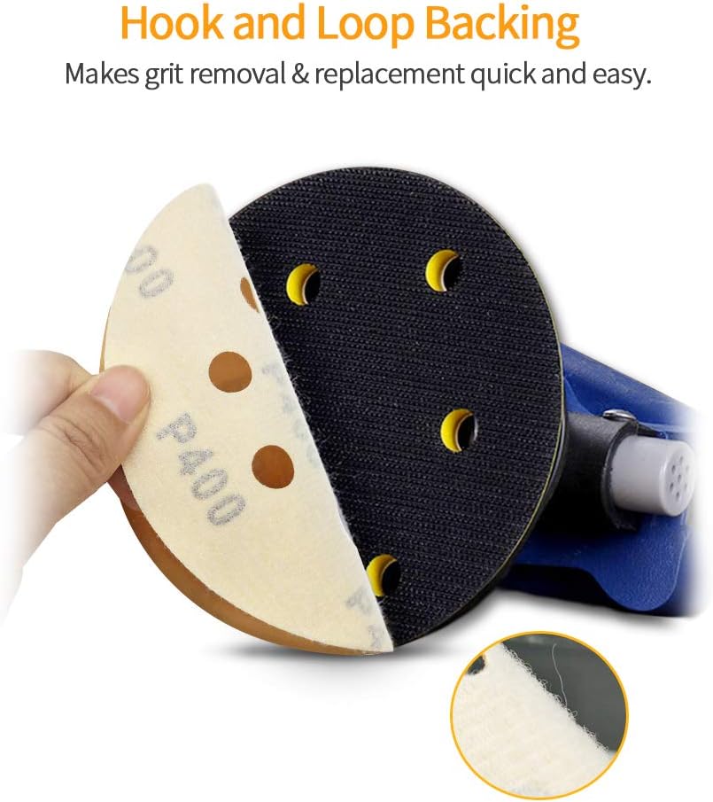 SPEEDWOX 100 Pcs 5 Inches 8 Hole Sanding Discs 400 Grit Dustless Hook and Loop Sandpaper for Random Orbital Sander Yellow Finishing Discs for Automotive Woodworking - Image 5