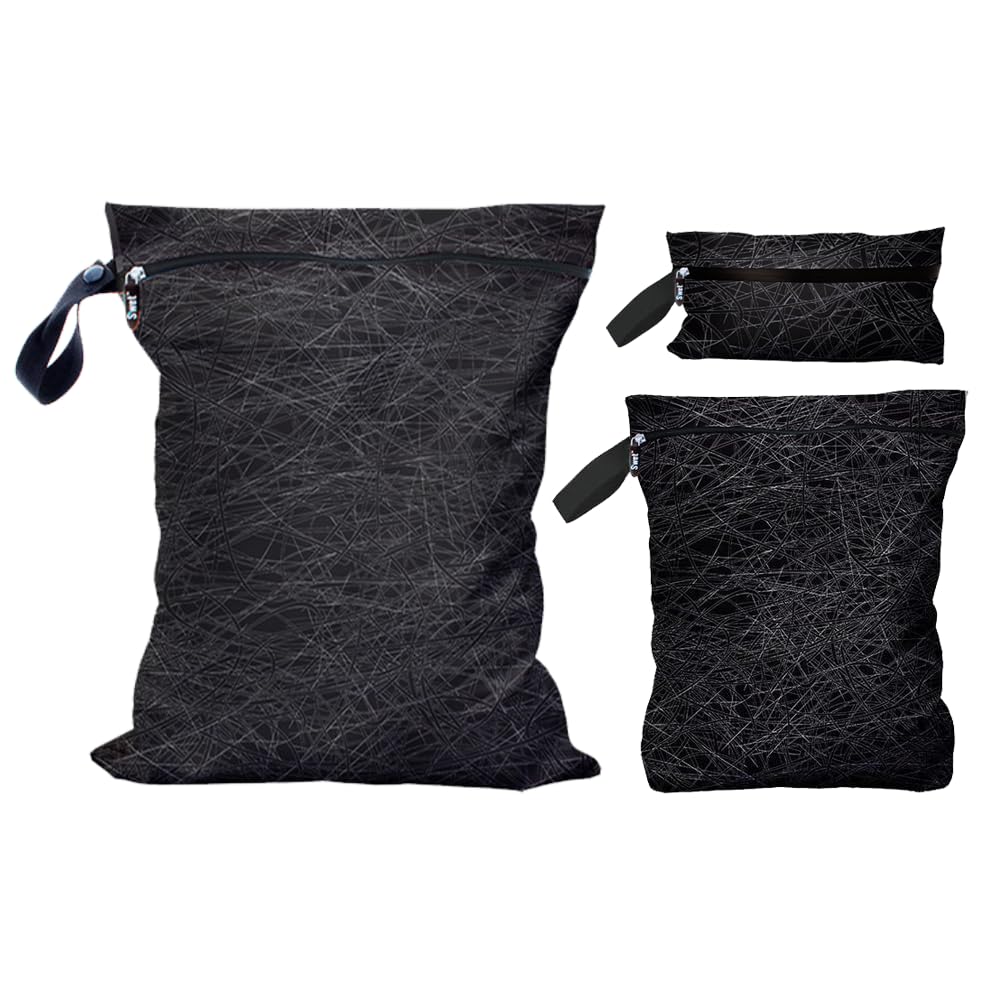 Gleener S'WET Wet/dry travel laundry bag | Waterproof tote for sweater gym gear, swimsuits and towels, cloth diapers or baby clothes, toiletries & electronics | bundle of 3 (Black Chaos)