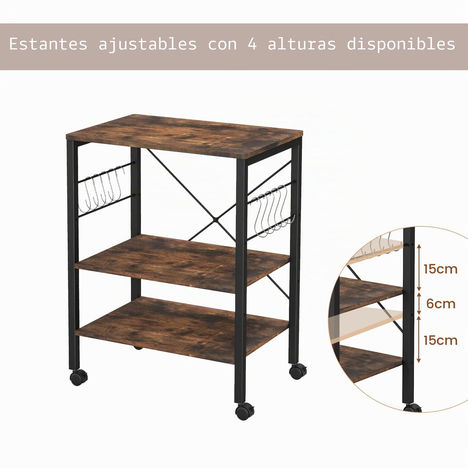 KOMFOTTEU Carrito de Cocina de 3 Niveles con Ruedas, Carro de Servicio con Estantes Ajustables, Carro Auxiliar con 10 Ganchos en S, Estantería para Microondas con Marco de Metal (Marrón)