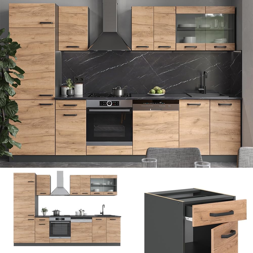 Vicco Cucina componibile R-Line, Rovere dorato/antracite, 300 cm | senza piano di lavoro, adatto per l'espansione personalizzata tramite moduli aggiuntivi