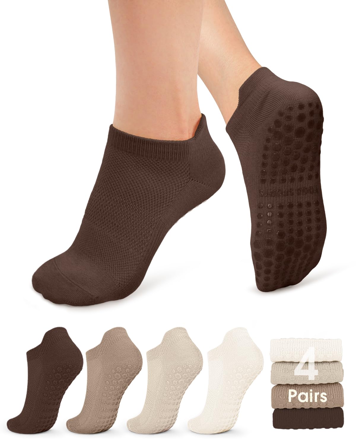 yeuG Pilates Socks for Women Non Slip Grip Socks for Yoga, Barre, Hospital, Barefoot Grippy Yoga Sock Womens Gifts 4 Pairs