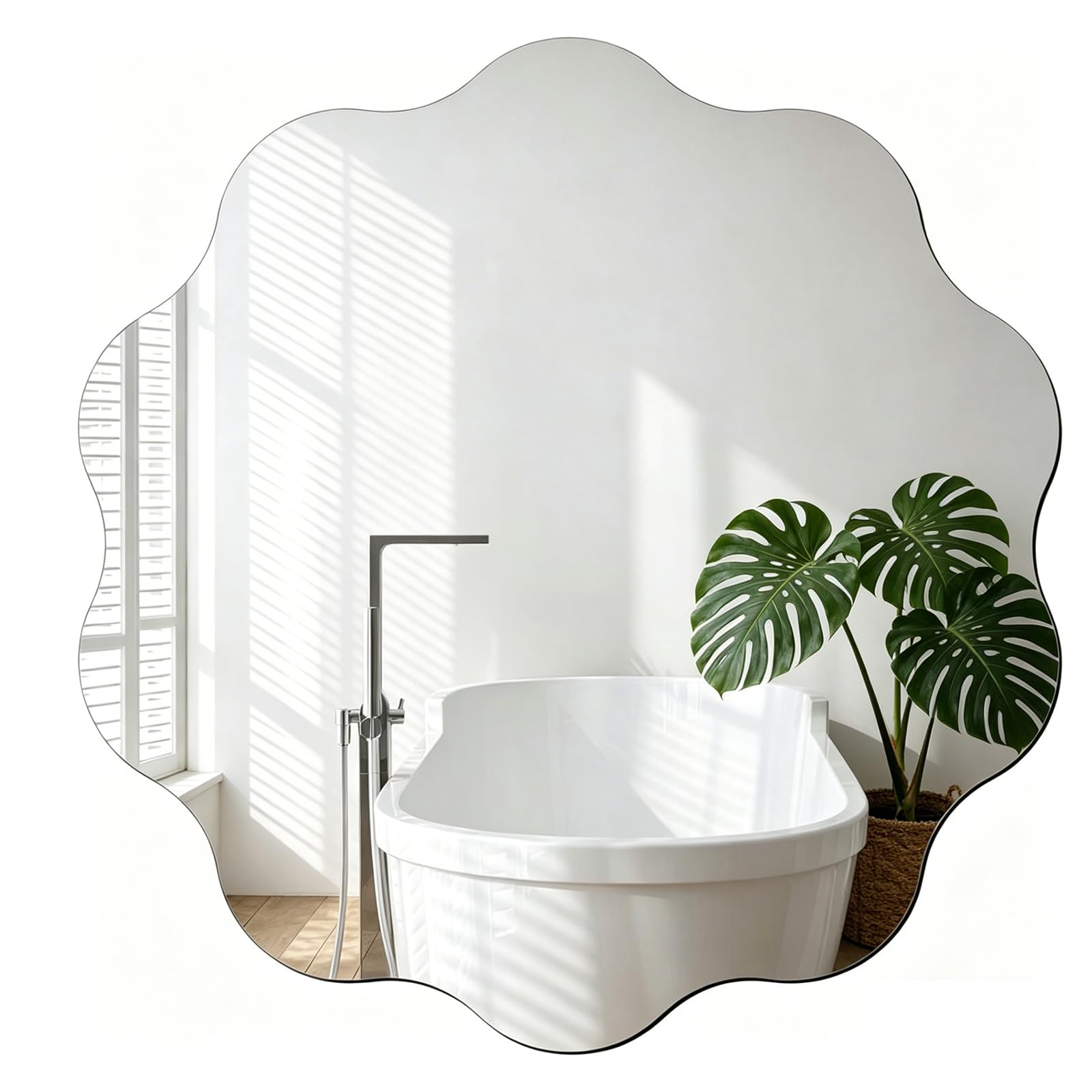 DRERIO Round Wavy Glass Mirror 40 cm, Circle Wavy Edge Round Vanity Mirror, Large Glass Frameless Bathroom Makeup Mirror, DIY-friendly for Entryway, Bathroom, Vanity, Living Room