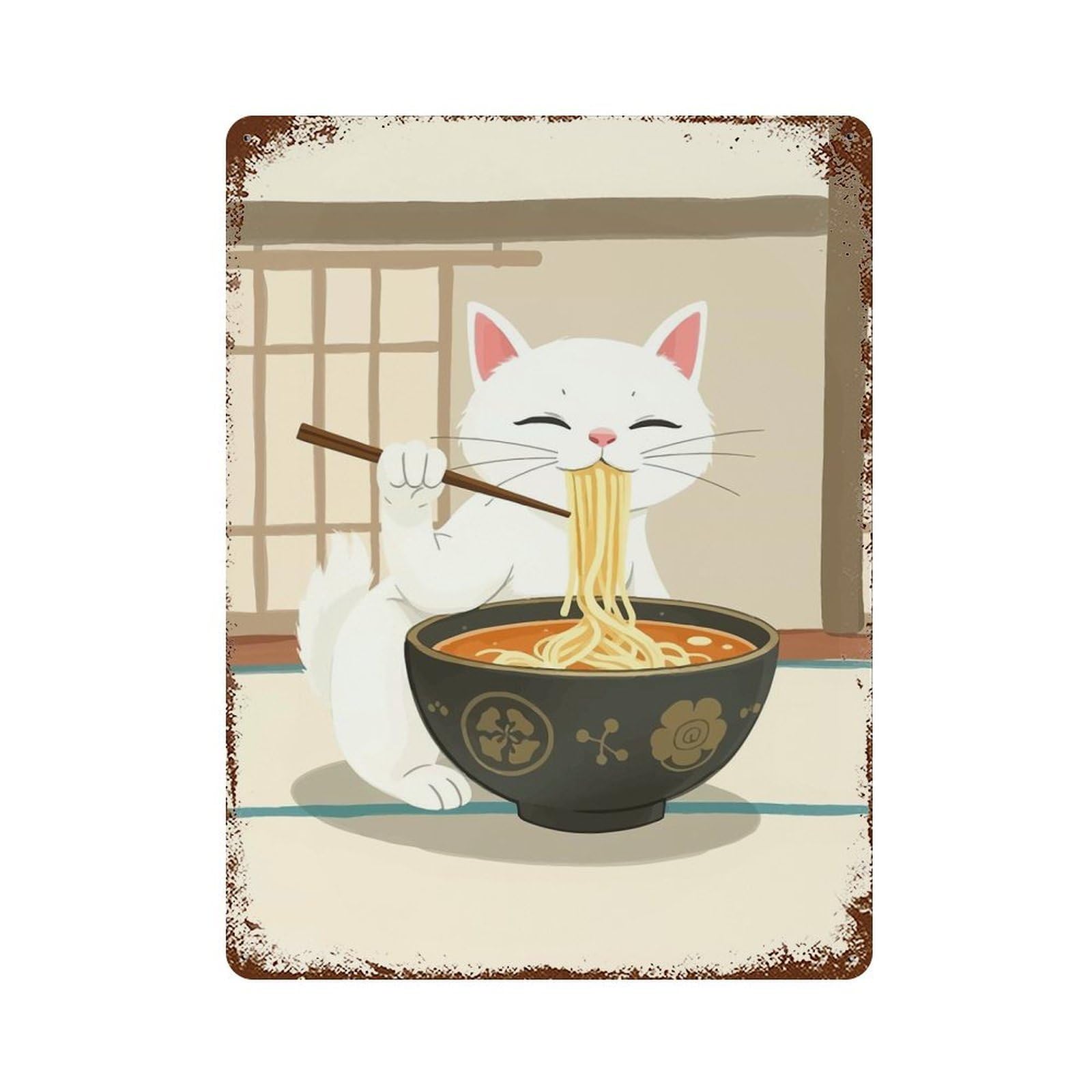 Cat Eating Ramen 15.7"x11.8" Distressed Metal Wall Sign, Shabby Chic Decor for Office, Studio And Wall Decor