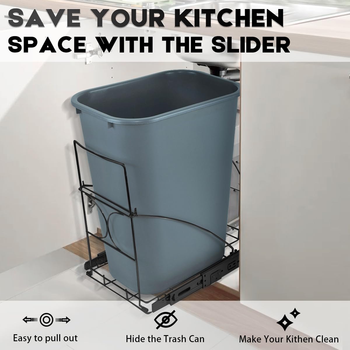 Aismio Pull Out Trash Can Under Cabinet, Kitchen Adjustable Sliding Waste Bin Frame, Cabinet Garbage Can Pull Out for Kitchen Under Counter, Trash Can Not Included (Back)