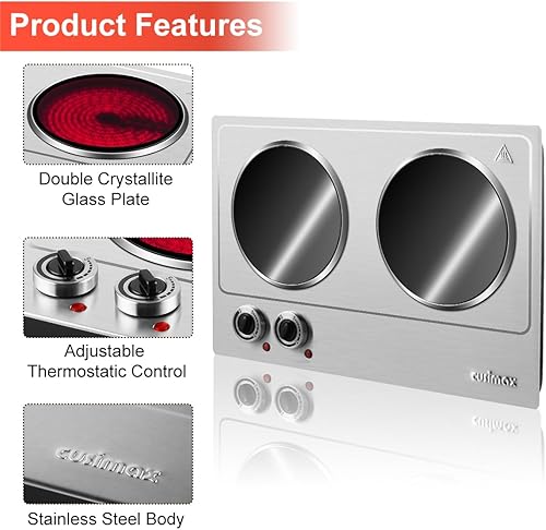 Miniatura 2 de CUSIMAX Placa de cocción de 1800 W de doble quemador cocina portátil quemador de encimera eléctrico doble placa infrarroja acero inoxidable plateado
