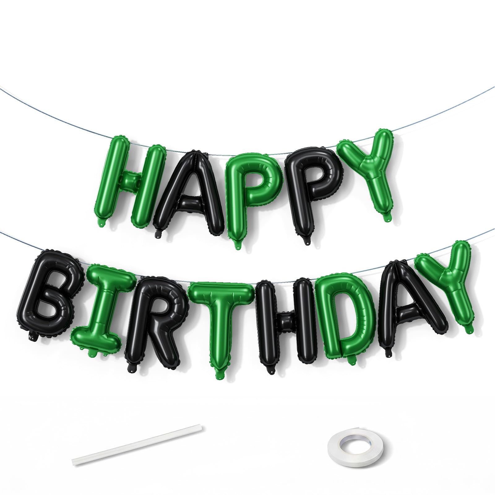 Green and Black Happy Birthday Balloon Banner, Dark and Black Happy Birthday Letter Foil Balloons, 16 Inch Birthday Balloons for Boys Men Jungle Safari Game Birthday Party Decorations Supplies