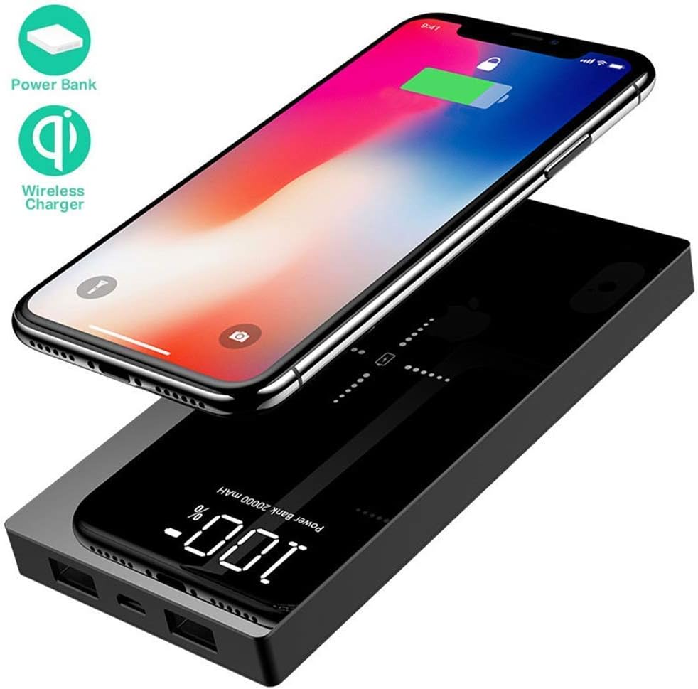 Yizer Portable Charger Power Bank 20000mAh External Battery Pack with 2 Outputs and LED Digital Display Wireless Charger for Smartphone and other Devices-Black
