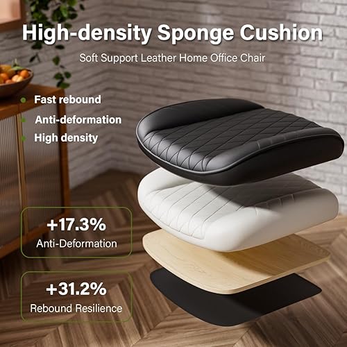 Miniatura 5 de Silla de escritorio de oficina de cuero negro con ruedas, ruedas silenciosas, altura ajustable, brazos acolchados, silla de oficina vintage de