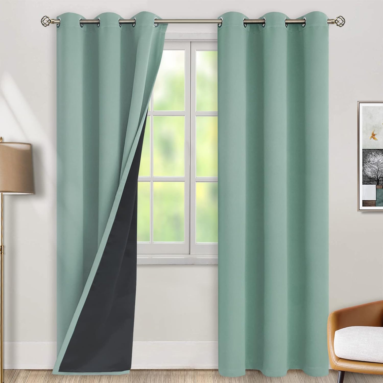 BGment Thermal Insulated 100% Blackout Curtains for Bedroom with Black Liner, Double Layer Full Room Darkening Noise Reducing Grommet Curtain (38 x 84 Inch, Frosty Green, 2 Panels)