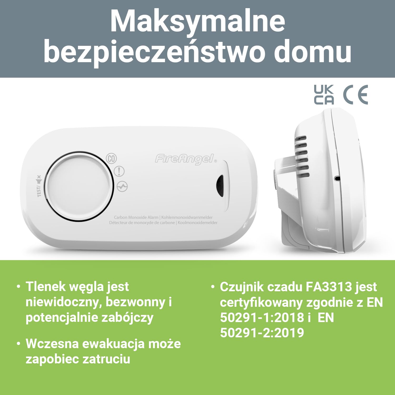 Fire Angel – FA3313 Czujnik Czadu z Alarmem – Czujka Czadu do Domu na 10 Lat z Wymiennymi Bateriami na 1 Rok – Przenośny Czujnik Tlenku Węgla