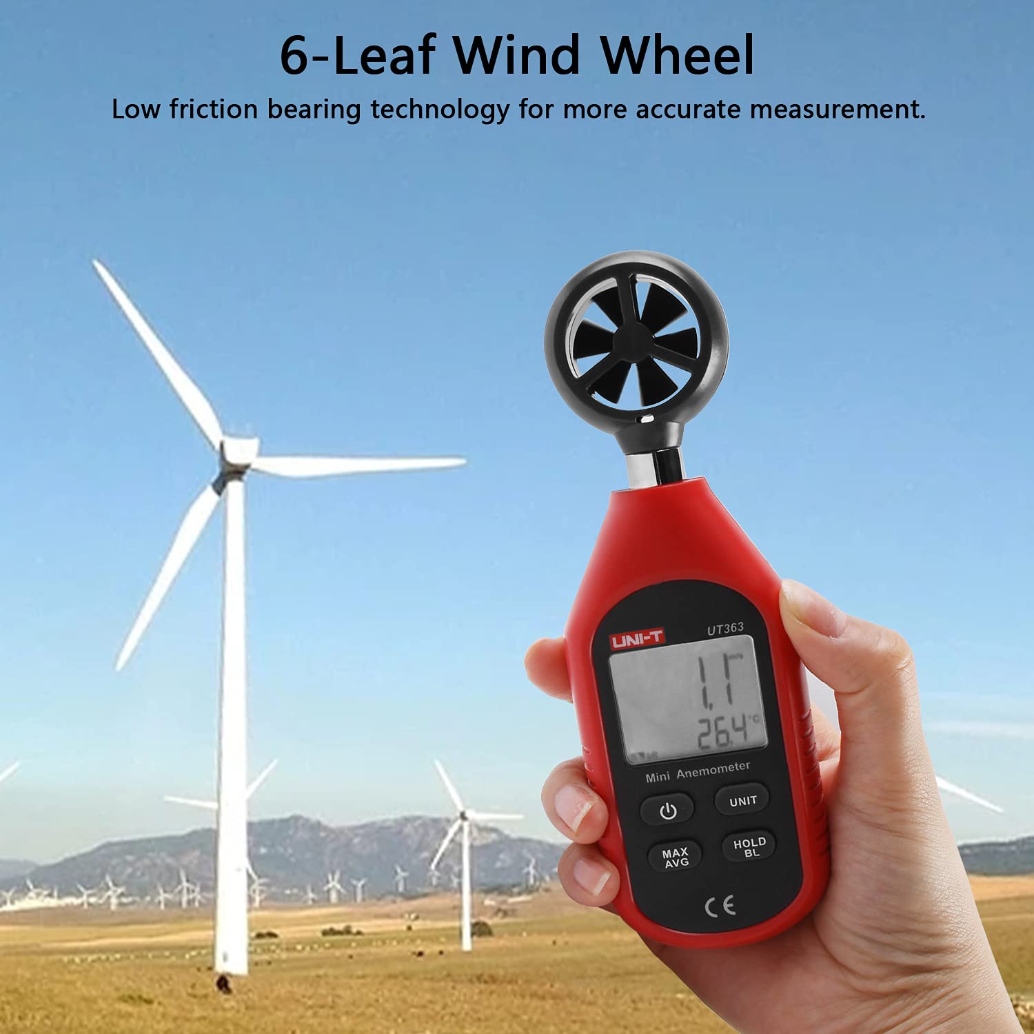 UNI-T UT363 Anemómetro Digital Portátil Pantalla LCD Medidor Velocidad Viento Aire