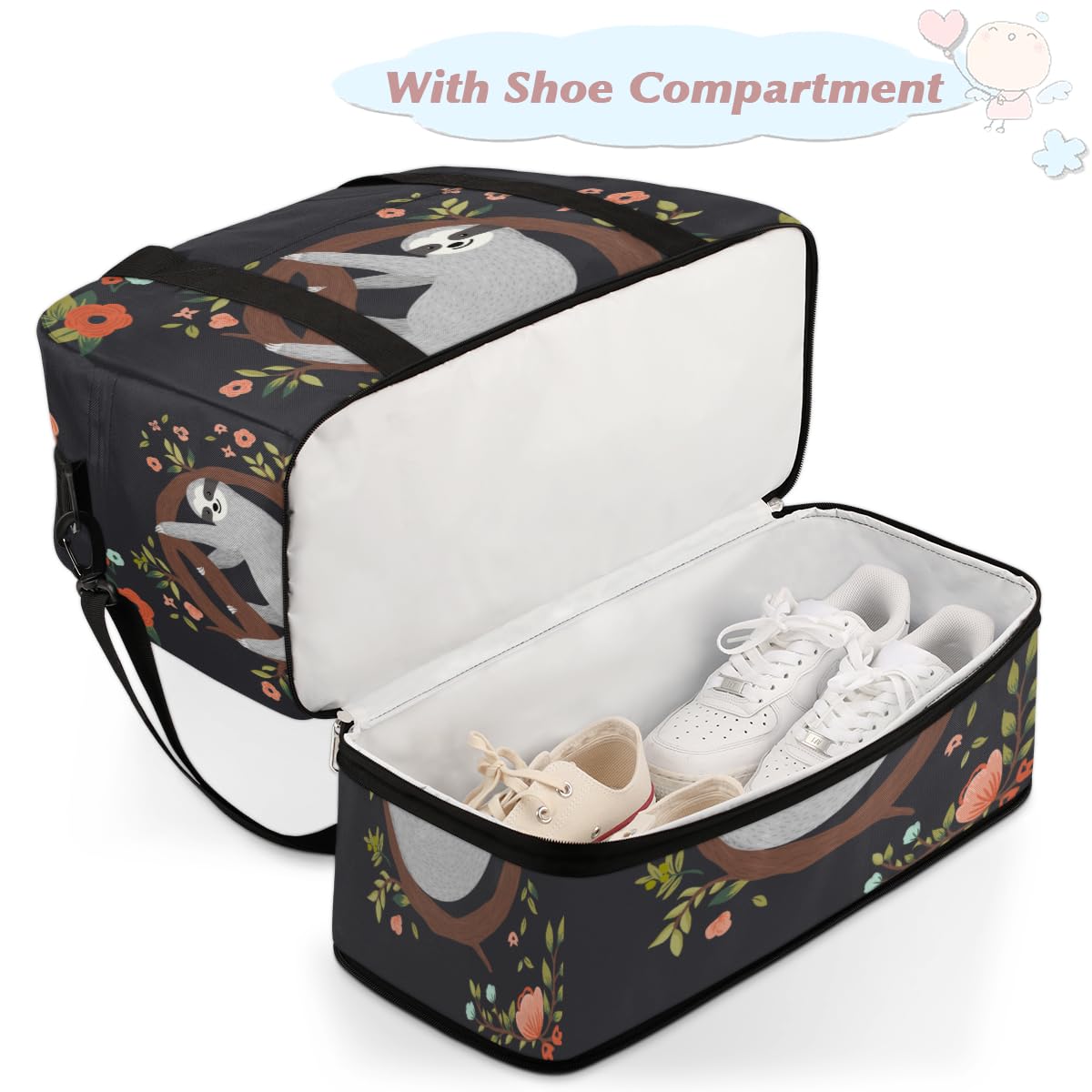 Bolsa de viaje plegable divertida con diseño de árbol de flores de perezoso, bolsa de fin de semana de 47 litros con funda de carrito para deportes, gimnasio, viajes, multicolor, 47L, Bolsa de viaje