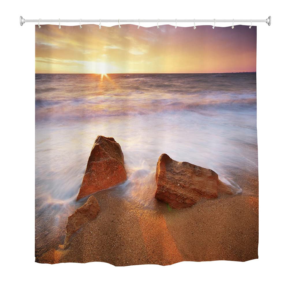 Oduo Seawater Shower Curtains 3D Sunrise Print, Mould Proof Resistant Waterproof Shower Curtains Washable Bath Curtain With 10-12 Hooks - Shower Curtain For Bathroom (90X180cm,)