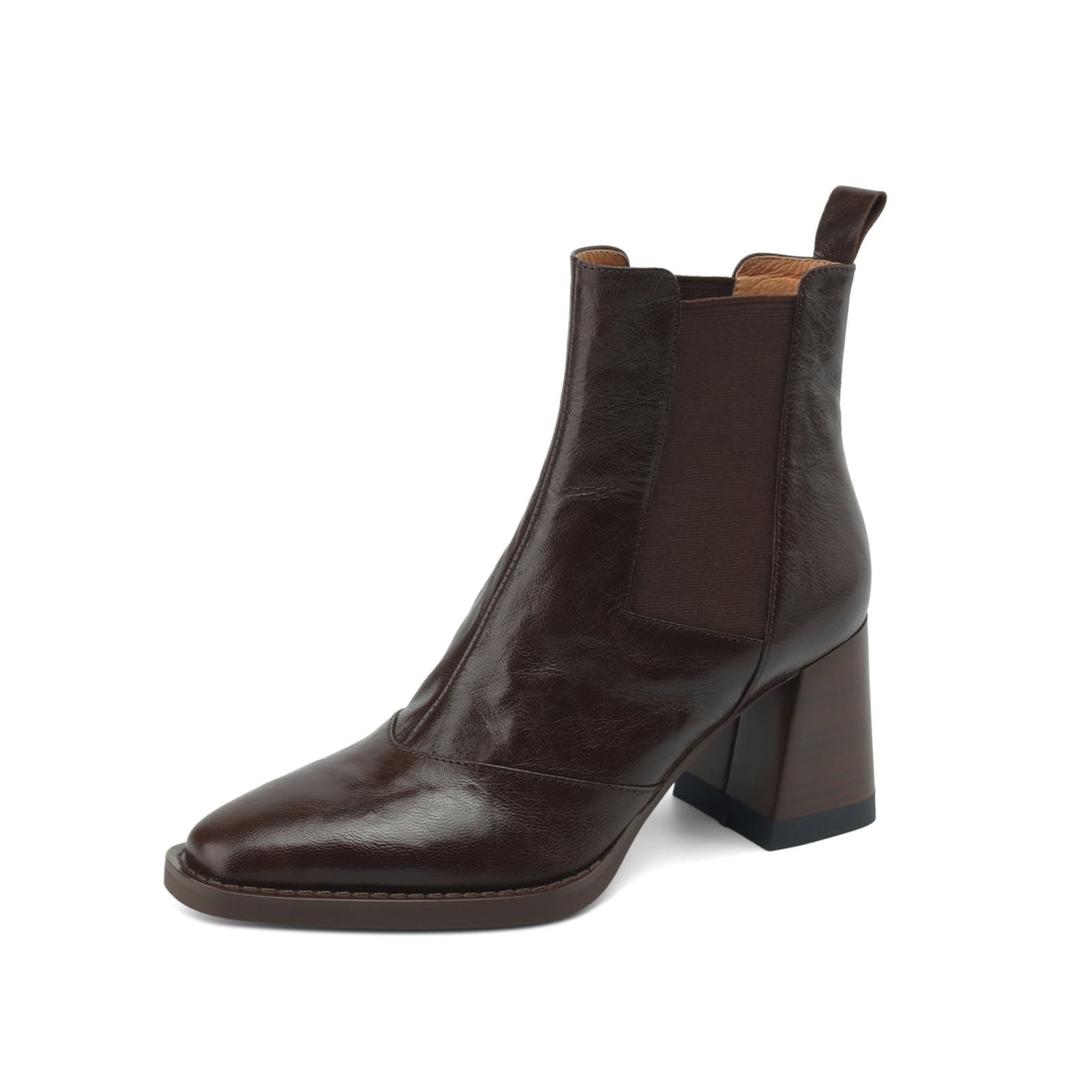 TinaCus Womens Handmade Square Toe Genuine Leather Chunky Heel Stretch Slip On Ankle Boots