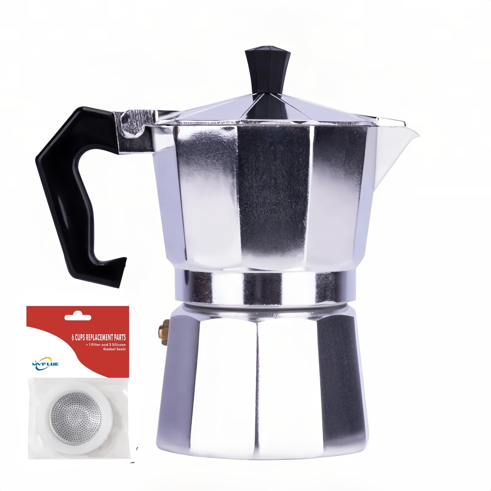 Classic Moka Pot 6 Cup 9 oz，Stovetop Espresso Maker Aluminum Silver，Cuban Coffee Maker， Greca includes Replacement Parts，Perfect Camping Coffee Pot，Make Delicious Coffee Easily at Home