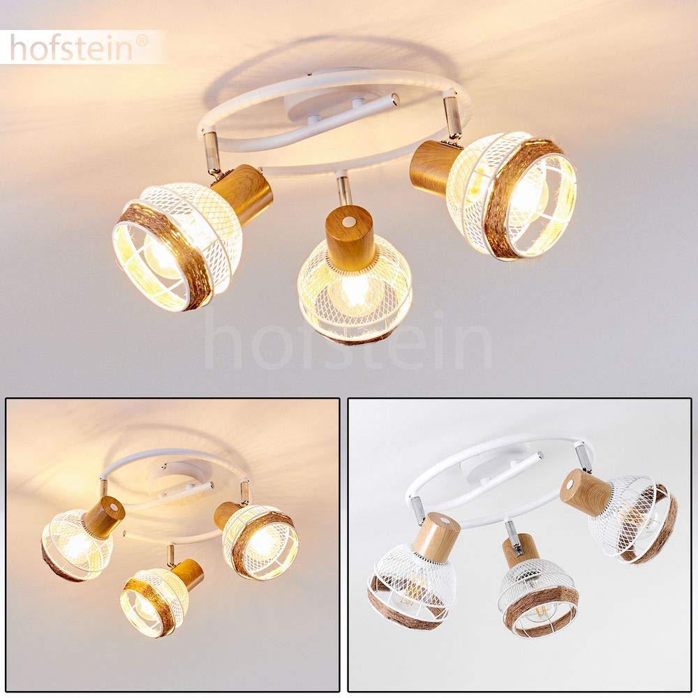 Lámpara de techo Bariloche, lámpara de techo redonda de metal/madera/cuerda de cáñamo en blanco/cromo/naturaleza, 3 llamas, pantallas orientables y giratorias, E27, óptica de celosía, sin bombilla(s)