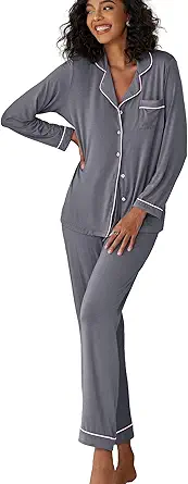 Ekouaer Pajamas Women's Long Sleeve Sleepwear Soft Button Down Loungewear Pjs Lounge Set Nightwear XS-XXL