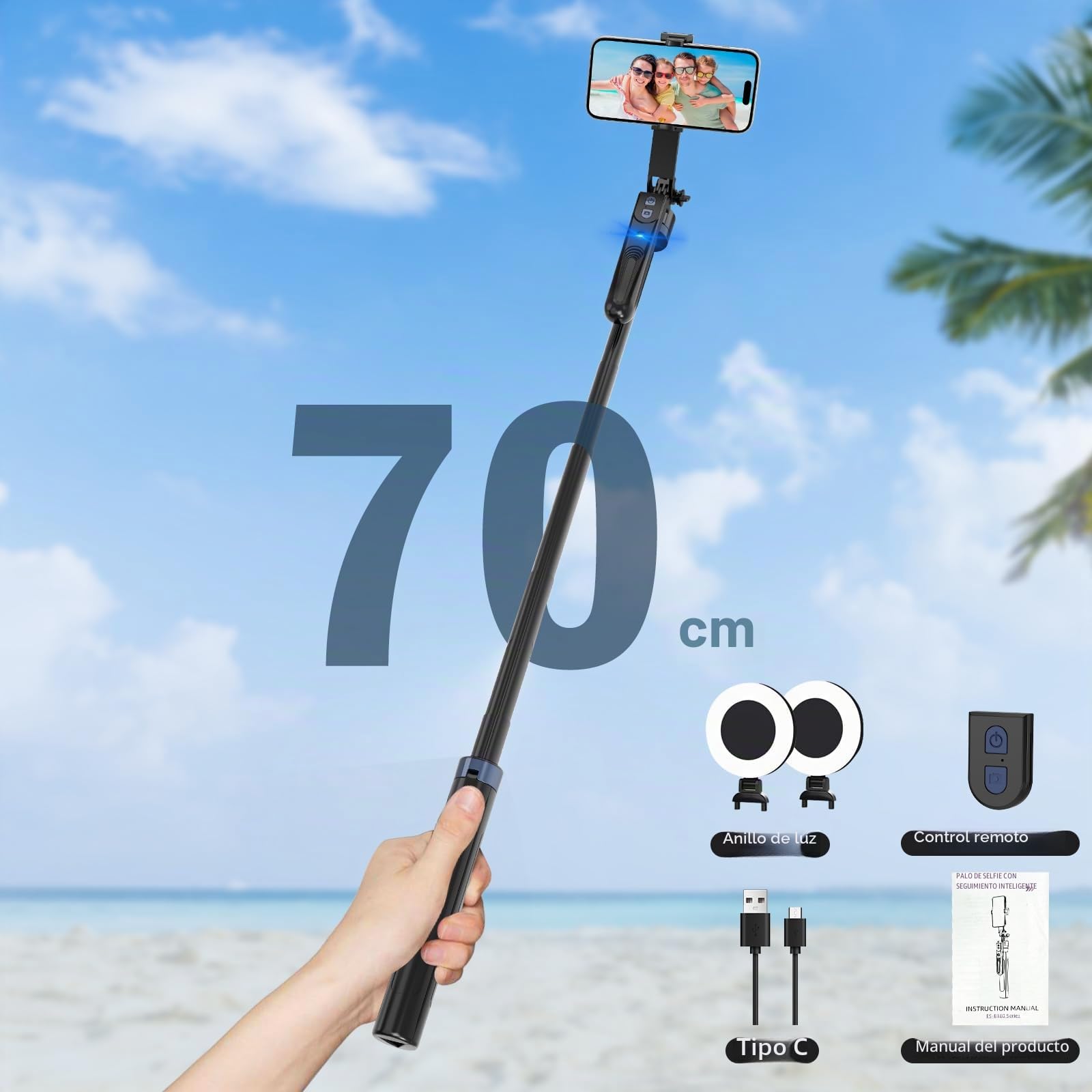 Tripode Facial Automático Seguimiento con Luz,180cm Palo Selfie para movil de 360 Grados,Tripode Soporte iPhone y Android para teléfono móvil para Viajes,vlogging
