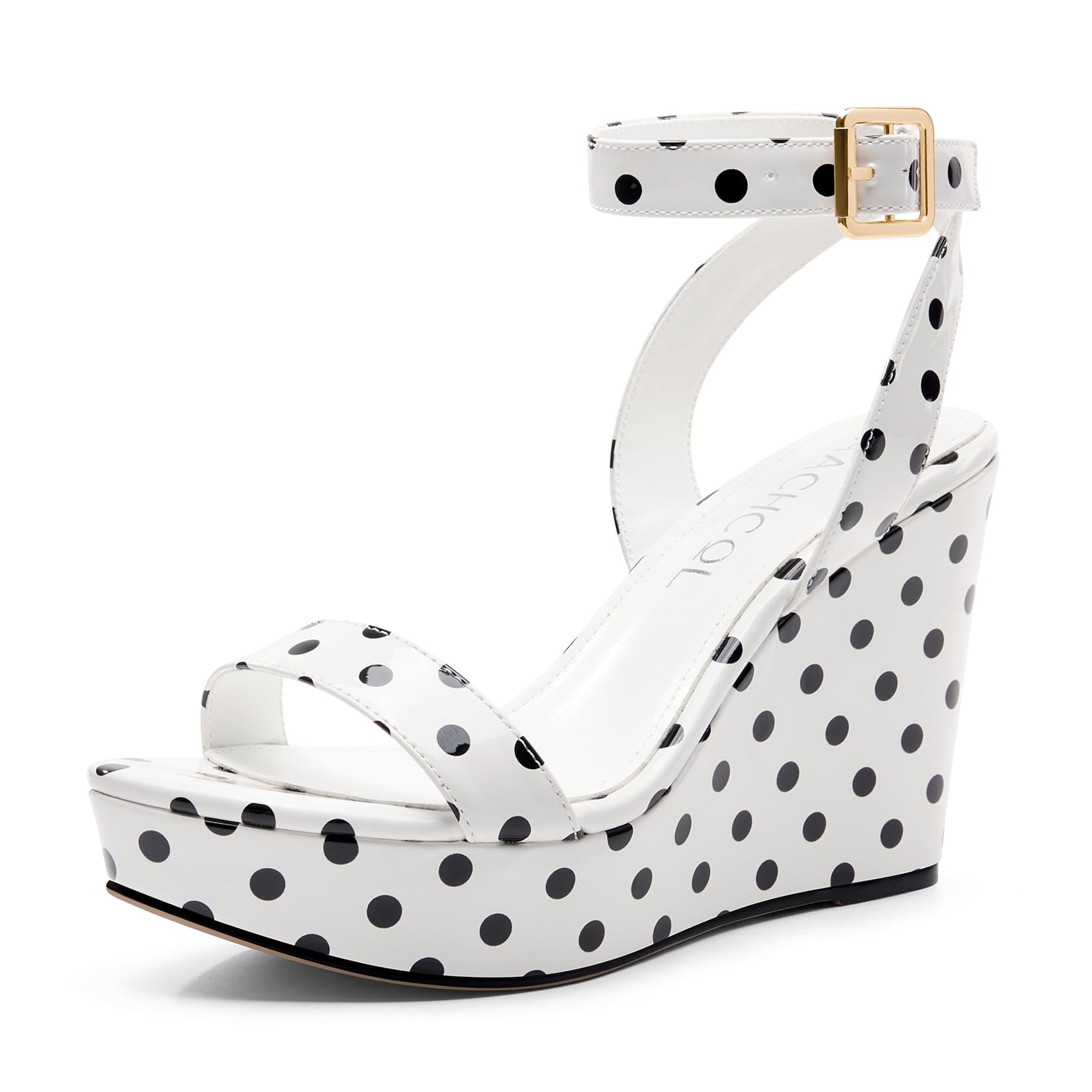 Aachcol Women Platform Wedge Sandals Round Peep Open Toe Ankle Strap Slingback Two-Piece Chunky Block High Heel Dress Shoes Pumps Party Patent 4 Inch
