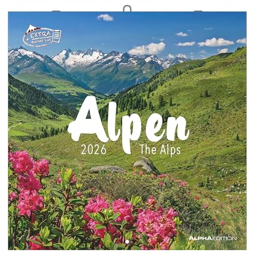 Alpha Edition - Calendario de bolsillo 2026 de los Alpes, 30x30 cm, calendario de pared con espacio para notas y citas, fotografías de los Alpes, vista mensual y fechas de vacaciones DE/AT/CH: Los