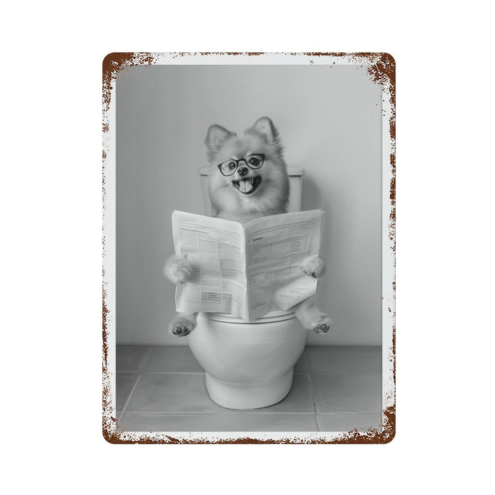 xiaoxiaoshen Pomeranian on Toilet Dog Reading Newspaper, Black And White Wall Decor Art Metal Tin Poster Modern Home Decor Art Home Bar Shop Decorations Vintage Sign 40x30cm