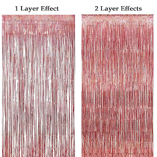 Image of 4 Pack Rose Gold Fringe Backdrop 12.8x8.2 Feet Sparkle Metallic Tinsel Foil Fringe Curtain, Rose Gold Backdrop Curtain Door Streamers for Birthday Bachelorette Graduation Christmas Party Decorations