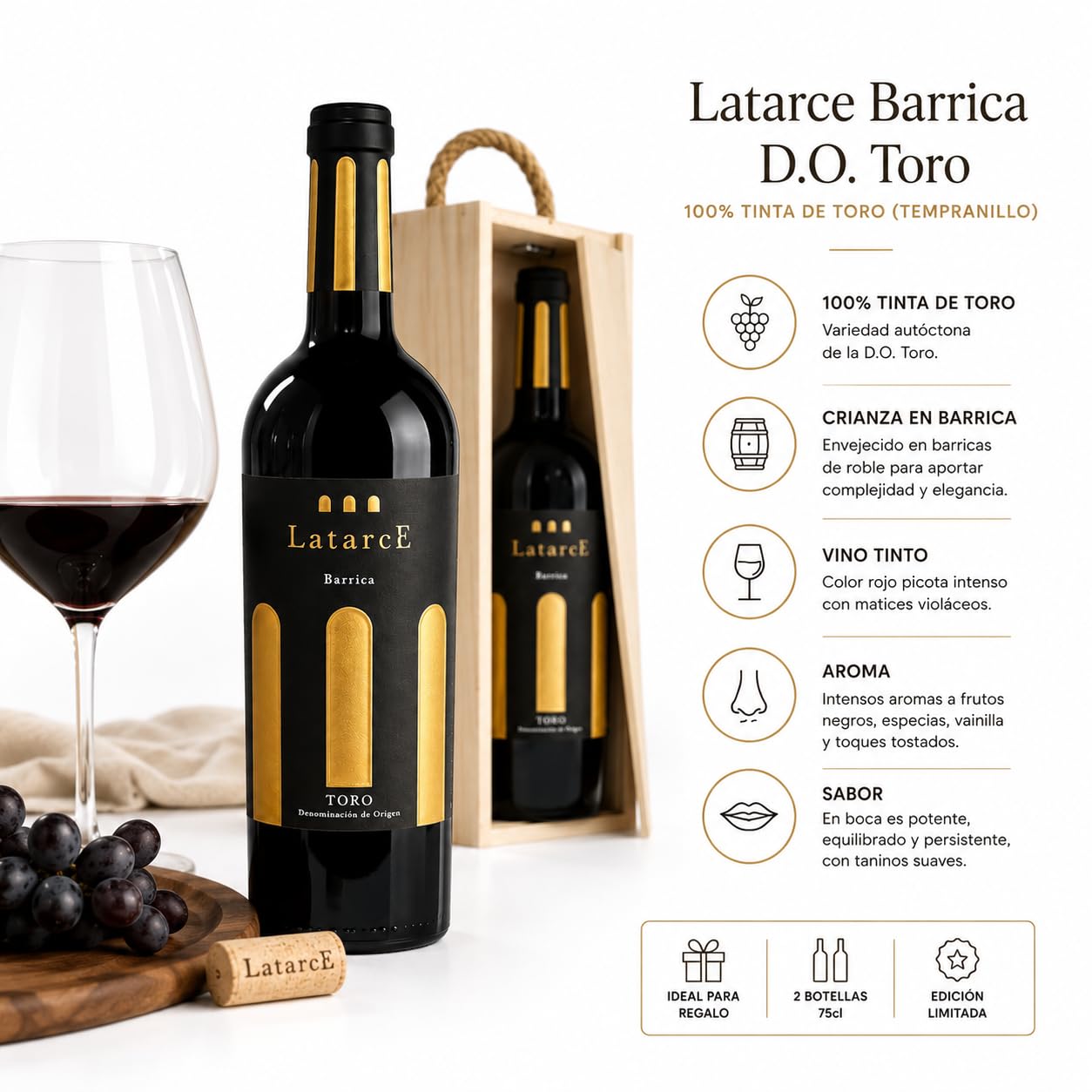 Latarce | Vino Tinto Barrica D.O. Toro 100% Tinta de Toro | 9 Meses Roble Francés y Americano | Botella 75cl Caja de Madera | Ideal para Regalo