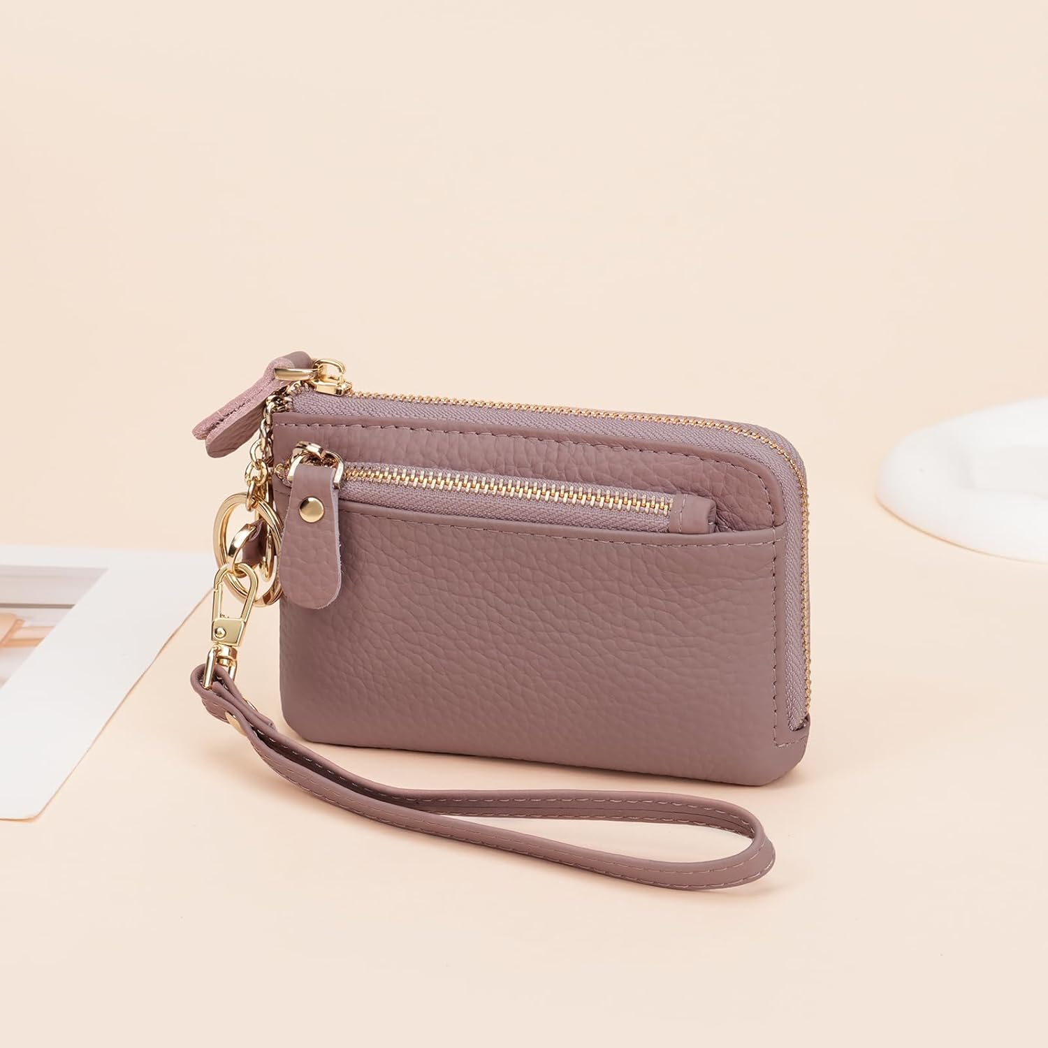 SENDEFN Women's Small Wristlet Coin Pouch Genuine Leather 3 Zippers Purse with Keychain - Image 7