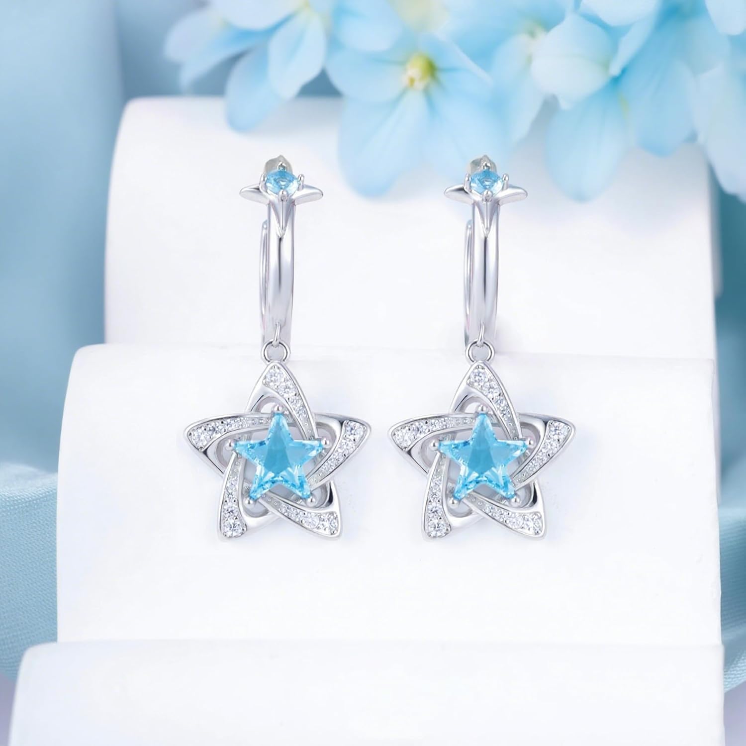 S925 Sterling Silver Blue Star Hoop Earrings with CZ Charm Star Dangle Hoop Earrings Sparkling Cubic Zirconia Huggie Earrings for Women Pentagram Cartilage Hoops Hypoallergenic Jewelry Birthday Gifts - Image 2