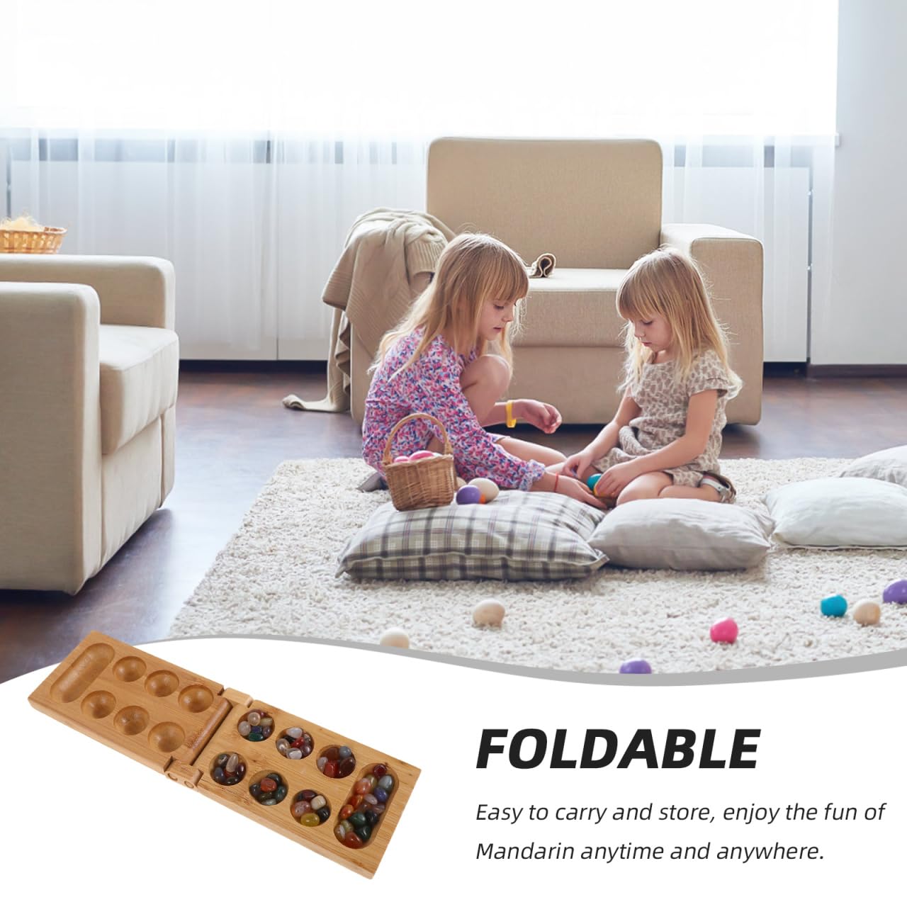 Toyvian Foldable Mancala Board Game Set including Natural Wooden Pieces and Storage Box Portable Travel Game for Kids and Adults Enhancing Family Interaction - Image 4