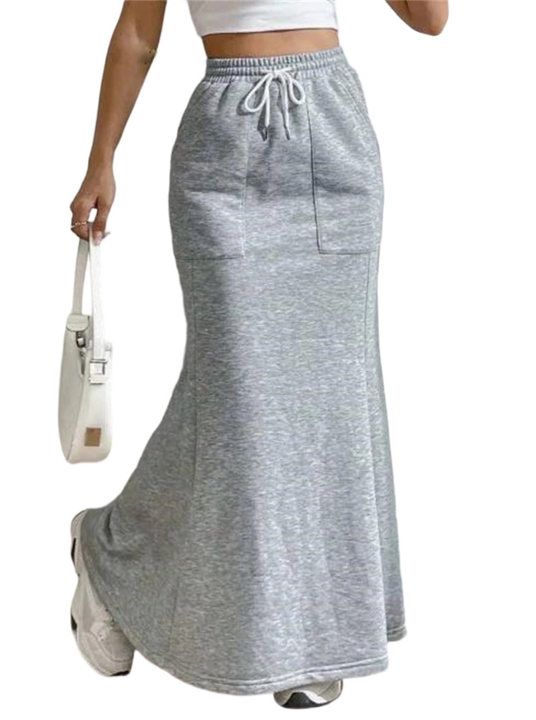 Womens Solid Color Sweatshirt Half Dress Womens Pocket Drawstring Skirt