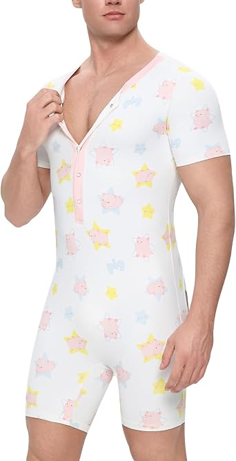 Landofgenie Men's Short Sleeve Onesie Back Cutout Romper Pajama - Piggy