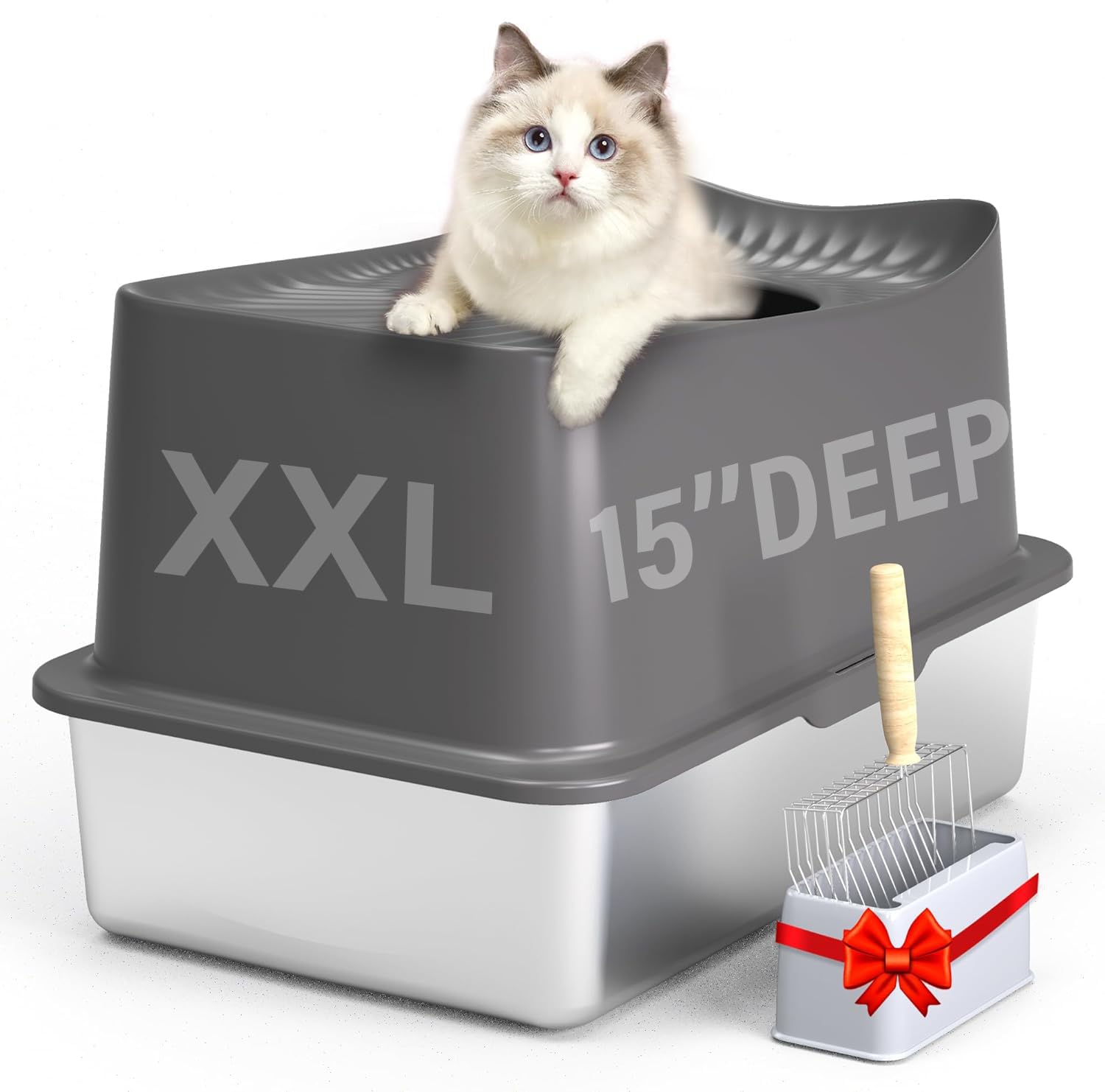 Pseul Enclosed Stainless Steel Cat Litter Box with Top Entry Extra Large Litter Box for Big Cats XL Metal Litter Pan Tray with High Wall Sides Enclosure, Non-Sticky, Anti-Leakage, Easy Cleaning (Gray)