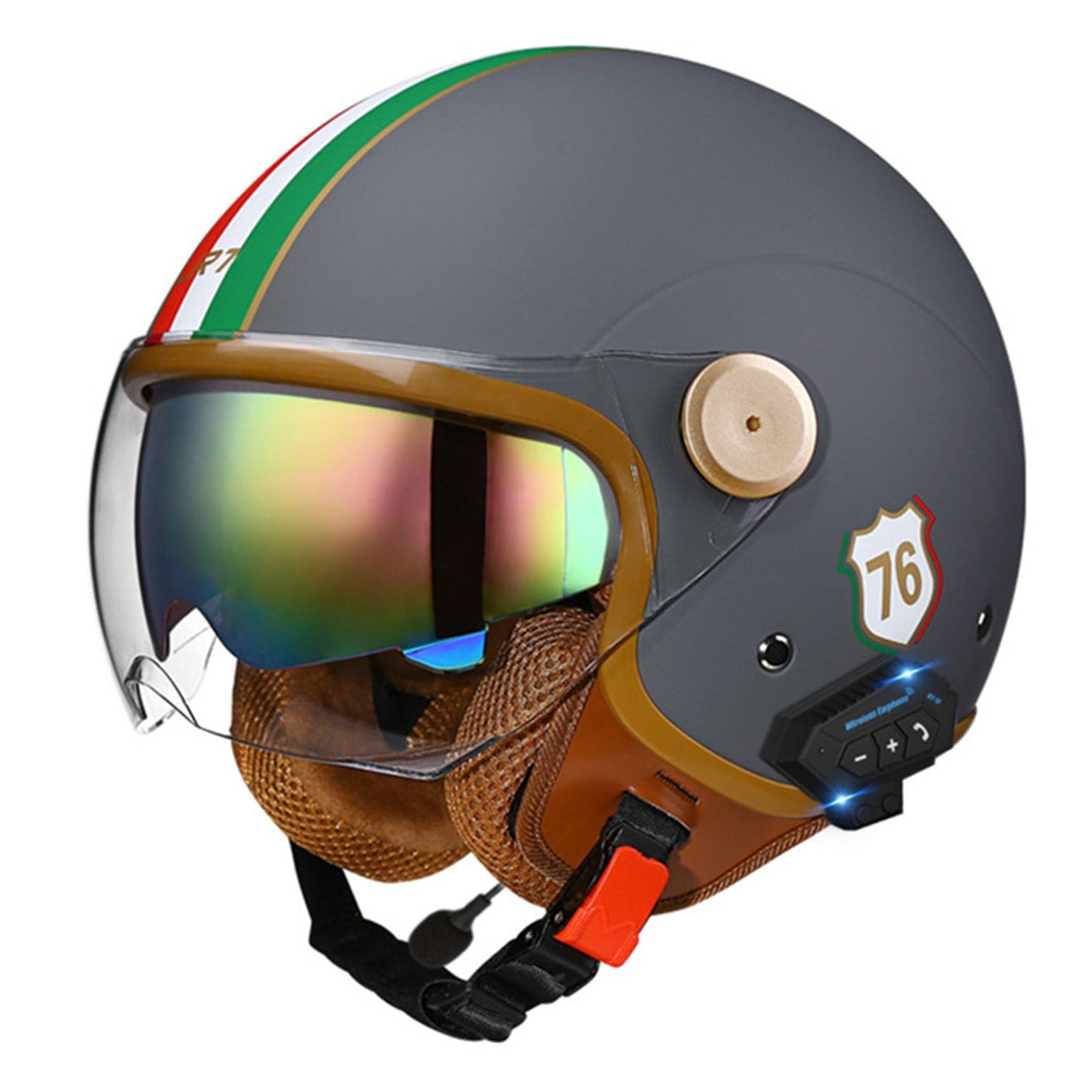 Motorradhelm mit Bluetooth Herren Damen DOTECE-zertifizierter Motorrad Jethelme Integrierter Bluetooth-Halbhelme mit Doppelspiegel Rollerhelm Scooterhelm Winddichter Helm(2,XL=61~62cm)